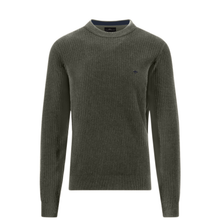 Load image into Gallery viewer, An olive green ribbed knit crewneck sweater with a small embroidered navy blue logo on the left chest, displayed on a clean white background.