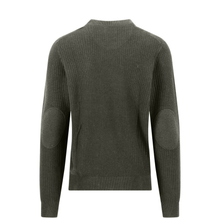 Load image into Gallery viewer, An olive green ribbed knit sweater with contrasting dark green elbow patches, shown from the back on a white background.