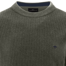 Load image into Gallery viewer, A close-up of a ribbed knit crewneck sweater in heather gray, featuring a small navy blue embroidered umbrella logo on the left chest and a visible Port & Company neck label.