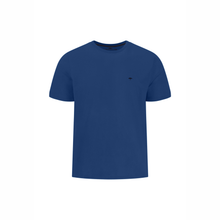 Load image into Gallery viewer, Blue t-shirt with a small logo on a white background