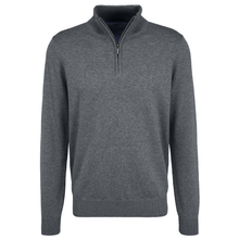Load image into Gallery viewer, A dark gray heathered quarter-zip sweater with a mock neck collar, shown on a plain white background.