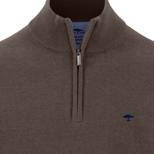 Load image into Gallery viewer, Close-up of a men's half-zip knit sweater in taupe brown, featuring a ribbed mock neck collar, a silver metal zipper, and a small navy blue embroidered tree logo on the left chest.