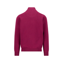 Load image into Gallery viewer, A magenta knit sweater with a mock neck, long sleeves, and ribbed cuffs and hem, shown from the back on a plain white background.