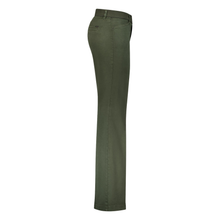 Load image into Gallery viewer, A pair of olive green straight-leg pants shown from a side profile view against a plain white background.