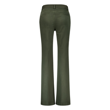 Load image into Gallery viewer, A pair of olive green wide-leg pants shown from the back, featuring a zippered back and belt loops, on a solid white background.