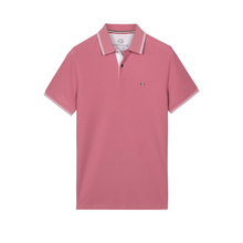 Load image into Gallery viewer, Pink polo shirt with white trim on a white background