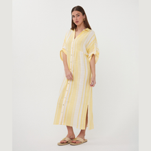 Load image into Gallery viewer, Woman wearing a yellow striped dress on a white background