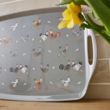 Load image into Gallery viewer, Gray tray with chicken pattern on a wooden surface with a yellow flower.