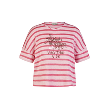 Load image into Gallery viewer, Pink and white striped t-shirt with 'Vacation Vibe' text and palm tree design on a white background