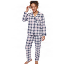 Load image into Gallery viewer, A woman modeling a two-piece pajama set with a blue, white, and gray plaid pattern against a plain white background.
