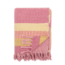 Load image into Gallery viewer, Pink and yellow woven blanket with fringes on a white background