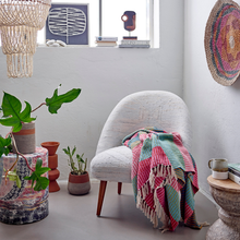 Load image into Gallery viewer, Throw in multi blue pink on textured chair in pale room setting