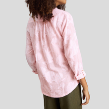Load image into Gallery viewer, Back view of Model posing wearing White Stuff Sophie Pink Jacquard Shirt in pink, with a light grey background.