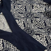 Load image into Gallery viewer, Navy blue fabric with intricate white pattern on a textured surface