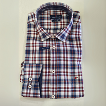 Load image into Gallery viewer, Folded plaid shirt with visible brand label on a light background