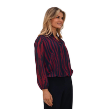 Load image into Gallery viewer, Model showcasing Kate & Pippa Blouse in Navy/Berry in a side profile view