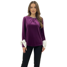 Load image into Gallery viewer, Image of model in front facing pose wearing Kate & Pippa Velvet Top in Plum