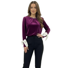Load image into Gallery viewer, Image of model in front facing pose wearing Kate & Pippa Velvet Top in Plum