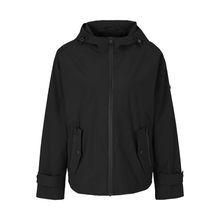 Load image into Gallery viewer, Black jacket with a hood on a white background