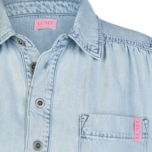 Load image into Gallery viewer, Light blue denim shirt with pink label on collar and pocket