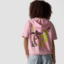 Load image into Gallery viewer, Person wearing a pink hoodie with graphic designs on the back against a plain background