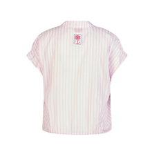 Load image into Gallery viewer, Pink and white striped shirt with a logo on a white background