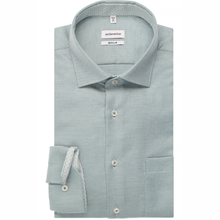 Load image into Gallery viewer, A folded light blue-green dress shirt with a textured micro-pattern, featuring a pointed collar, button-down front, and a single cuff with a button and striped fabric detail.