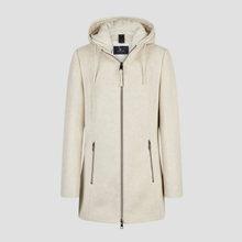 Load image into Gallery viewer, A light beige hooded jacket with a full front zipper, two vertical zippered pockets, and drawstrings, shown against a solid light gray background.