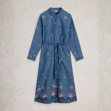 Load image into Gallery viewer, Blue dress with floral pattern on a light gray background