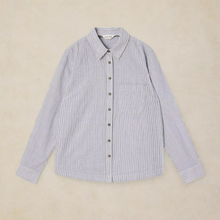 Load image into Gallery viewer, A long-sleeve button-up shirt with a fine vertical stripe pattern in light blue and white, laid flat against a neutral beige background.