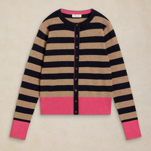 Load image into Gallery viewer, A striped cardigan sweater with navy blue and beige horizontal stripes, featuring a vibrant pink ribbed hem, cuffs, and inner collar, with a dark pink button placket.