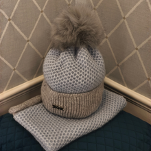 Load image into Gallery viewer, Maria Hat & Snood Set in grey and blue. This beautiful colour combination adds a fresh, modern touch to your winter wardrobe, while the matching hat and snood keep you warm and comfortable on chilly days.