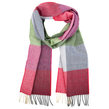 Load image into Gallery viewer, Colorful striped scarf with fringes on a white background