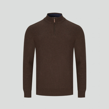 Load image into Gallery viewer, A dark brown long-sleeve quarter-zip knit sweater displayed on a neutral light gray background.