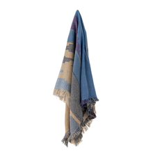 Load image into Gallery viewer, Plaid blanket with blue, beige, and purple colors on a white background