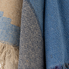 Load image into Gallery viewer, Close-up of textured fabric with fringes in blue and beige tones.