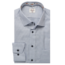 Load image into Gallery viewer, Folded light blue shirt with a visible brand label on a white background