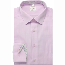 Load image into Gallery viewer, Light purple dress shirt with floral trim on a white background