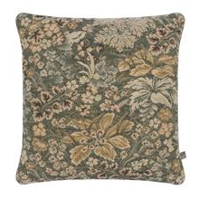 Load image into Gallery viewer, A square decorative throw pillow featuring an intricate vintage floral and botanical tapestry pattern in muted olive green, beige, and cream tones, shown against a plain white background.