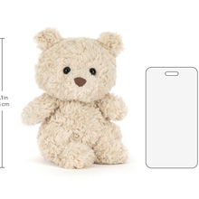 Load image into Gallery viewer, Front of Jellycat Bartholomew Bear Junior, with mesurements, with white background.