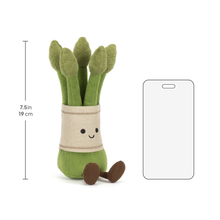 Load image into Gallery viewer, Front view of Jellycat Amuseables Asparagus,with mesurement, with a white background.