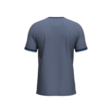 Load image into Gallery viewer, Blue t-shirt with dark blue trim on a white background