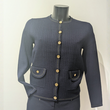 Load image into Gallery viewer, Navy blue textured jacket with gold buttons on a mannequin against a white background
