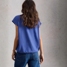 Load image into Gallery viewer, Back View of Model wearing the White Stuff Nicole Linen Blend Top in Bright Blue, with a grey background.