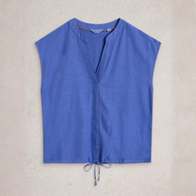 Load image into Gallery viewer, Front view of the White Stuff Nicole Linen Blend Top in Bright Blue, with a grey background.