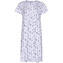Load image into Gallery viewer, White dress with purple pattern on a white background