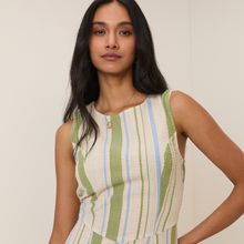 Load image into Gallery viewer, Woman wearing a sleeveless dress with green and blue stripes against a plain background