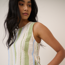 Load image into Gallery viewer, Woman wearing a sleeveless dress with green and white stripes against a plain background