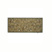Load image into Gallery viewer, A rectangular woven rug featuring a detailed pattern of birds perched on branches with foliage, in earthy brown, beige, and muted green tones.