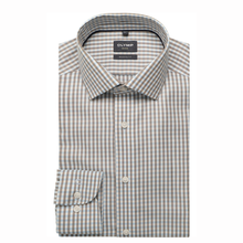 Load image into Gallery viewer, Checkered dress shirt with collar tag on a white background